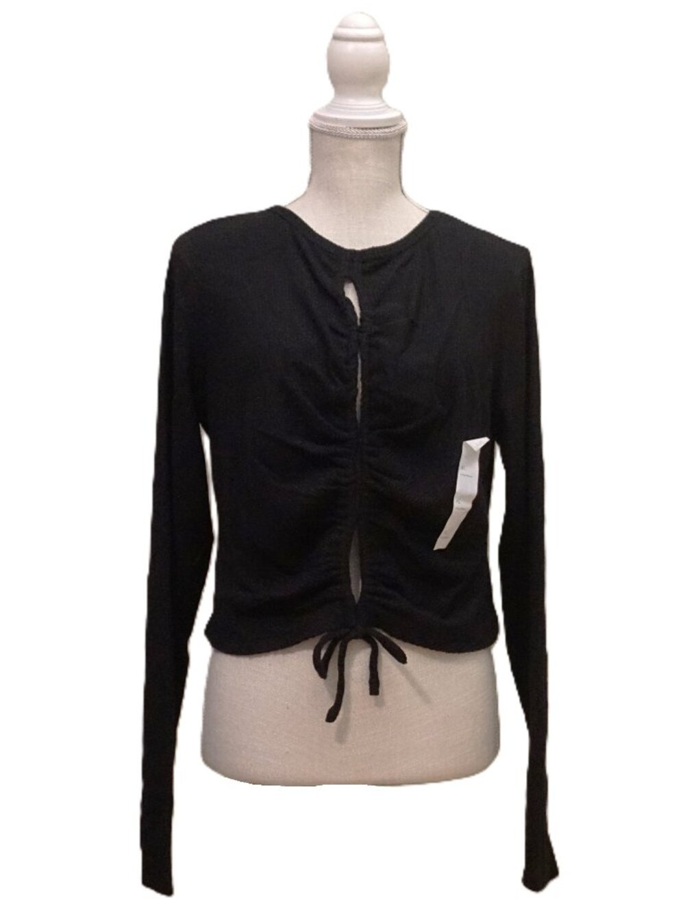 Wild Fable Black Ribbed Long Sleeve Crop Top Tie Keyholes Down Front Women’s XS